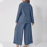 Plus Size Women Clothing Spring Autumn Pleated Casual Loose Shirt High Waist Trousers Suit Two Piece Set