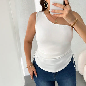 Popular plus Size Women Simple Elegant T shirt Spring Summer Diagonal Collar Slimming Top