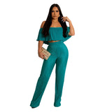 Women Clothing Popular Pleated Ruffled Off Shoulder Wide Leg Pants Suit