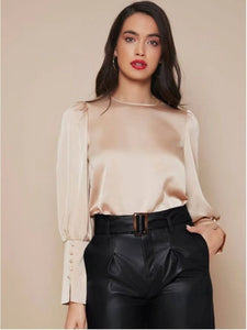 Long Sleeved Satin Shirt Women Spring Autumn Lantern Sleeve Satin Shirt Top