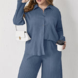 Plus Size Women Clothing Spring Autumn Pleated Casual Loose Shirt High Waist Trousers Suit Two Piece Set