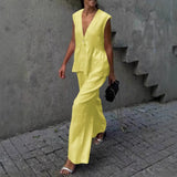 Summer Deep V Plunge Button Sleeveless Top Baggy Straight Trousers Solid Color Set