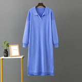 Autumn Winter Polo Collar Base Knitting Loose Solid Color Women Dress