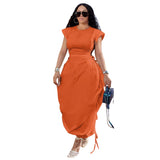 Summer Women Clothing Round Neck Waist Trimming Bud Dress Solid Color Dress
