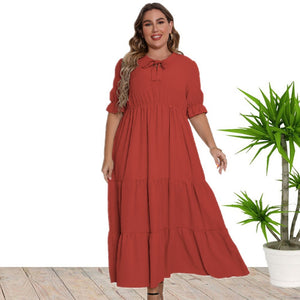 Plus Size Women Summer round Neck Short Sleeve Bow Dress