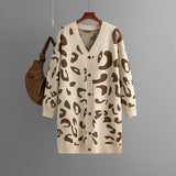 Autumn Winter Knitwear Mid Length Leopard Print Sweater Cardigan Women Baggy Coat