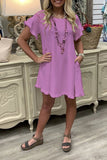 Ladies Cotton Linen Dress Solid Color Short Sleeve Burr Side Pocket Midi Dress