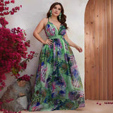 Plus Size Chiffon Spaghetti Straps Sleeveless Maxi Dress Summer Printed V neck Vacation Dress