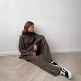 High Neck Split Wool Sweater Women Loose Casual Lazy Knitted Trousers Two Piece Set