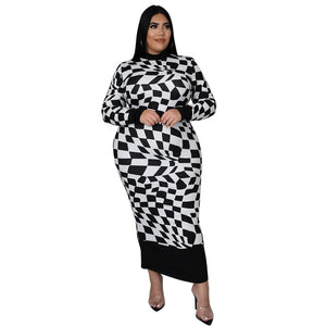 Women Round Neck Plaid Printed Long Sleeved Elegant Dress