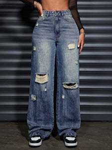 Women Clothing Casual Loose Straight Ripped Denim Trousers