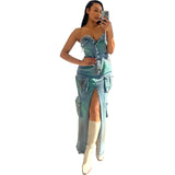 3D Pocket Sexy Bandeau One Shoulder Tie Dye Split Tooling Bag Dress