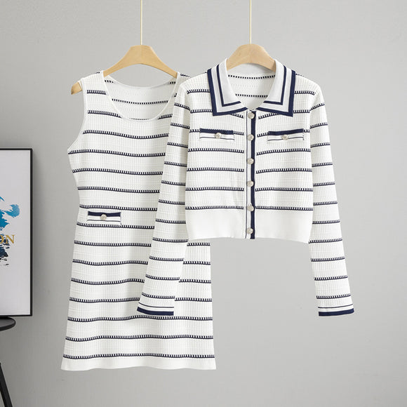 Knitted Dress Women Summer Lazy Casual Striped Cardigan Dress Two Piece Sets