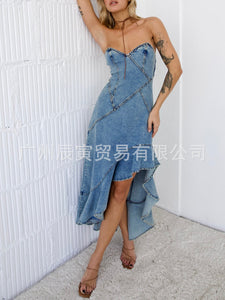 Ladies Summer Sexy Slim Corset Denim Hip Wrapped Fishtail Dress