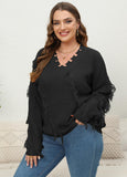 plus Size Women Woven Shirt Women Clothes Autumn Winter V-neck Beard Tassel Splicing Pullover Sweater
