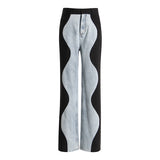 Black Blue Wave Denim Stitching Straight Wide-Leg Pants for Women Summer Internet Celebrity Street Smart Trousers