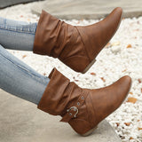 Round Toe Women Boots Flat Faux Leather Rivet Women Short Boots Belt Buckle Metal Brown Low Tube Women Boots