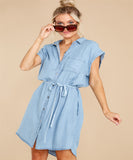 Casual Solid Color Waist Tight Women Denim Long Shirt