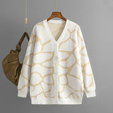 Women Clothes Autumn Winter Jacquard Sweater V neck Long Line Pattern Baggy Coat