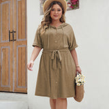 Plus Size Solid Color Hooded Dress Spring Summer Office Loose Fitting Slim Fit
