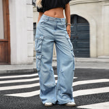 Workwear Fall Denim High Waist Straight Loose Wide Leg Pants Women