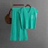 Loose Fashionable Knitted Women Solid Color V neck Knitted Top Casual Pants Two Piece Set