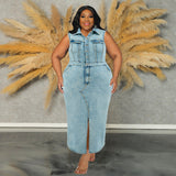 Plus Size Women Clothing Denim Sleeveless Split Collared Dress