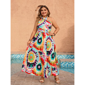 Plus Size Halter Sleeveless Loose Dress Print Holiday Beach Dress for Women
