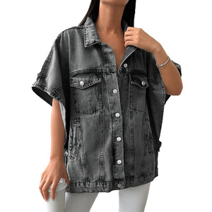 Plus Size Women Clothing Denim Drop-Shoulder Sleeve Small Coat