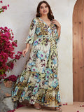 Plus Size Middle East High Pin Oversized Women Summer Chiffon Printed Mid Sleeve Long Holiday Dress