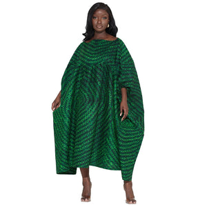 Plus Size Dress Women Off-Neck Printed High Waist Loose Big Hem Dress