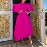 Women Wear Summer Double Layer Ruffle Sleeve Solid Color Wide Hem Dress outside