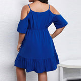 Plus Size Women Clothes Waist Controlled Large Hem Sexy V Neck Cold Shoulder Elegant Office Dress