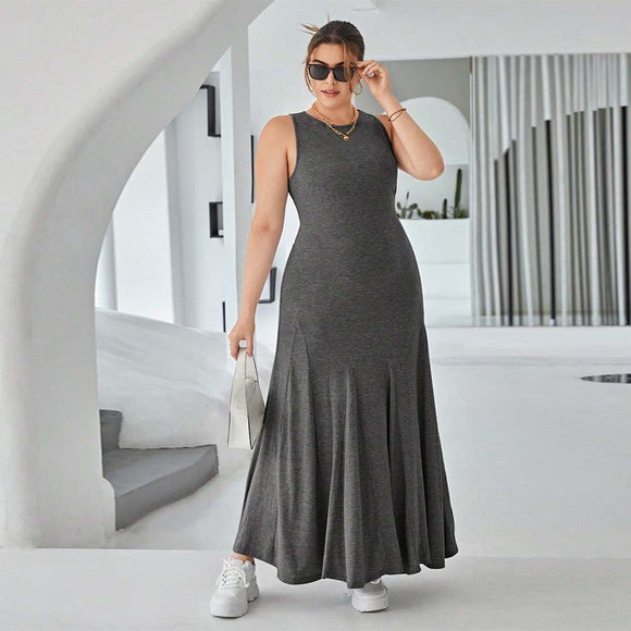 Plus Size Women Casual round Neck Sleeveless Dress Summer High Waist Slim Fit Maxi Dress