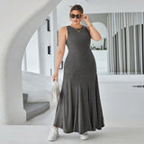 Plus Size Women Casual round Neck Sleeveless Dress Summer High Waist Slim Fit Maxi Dress