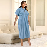 Plus Size Women Clothing Denim Collared Short Sleeve Zipper Mid Length Dress