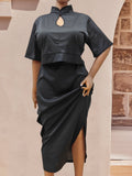 Plus Size Women Skirt Set Women Clothing National Retro Top plus Split Dress Two Piece Set