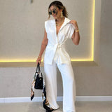 Women Clothing Lace up Waist Short Sleeved Shirt High Waist Casual Pants Two Piece Set