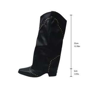 Retro Rivet High Top Western Cowboy Boot Women Long Mid Heel Pointed Toe Slip on Knight Boots Long Boots