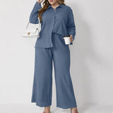 Plus Size Women Clothing Spring Autumn Pleated Casual Loose Shirt High Waist Trousers Suit Two Piece Set