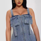 Stretch Denim Stitching Dress Shoulder Strap Buckle Regulator