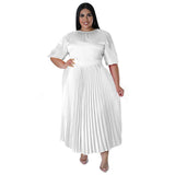 Plus Size Women Clothes Autumn Winter Popular Pleated round Neck Maxi Dress Short Sleeve