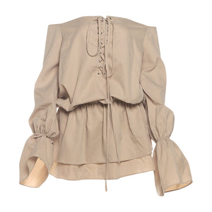 Women Clothing Fall Sexy Solid Color off Shoulder Backless Loose Lace up Bell Sleeve Dress