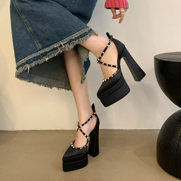 Pointed Rivets Chunky Heel Satin Wedding Cocktail 15cm Double Waterproof Platform with Women Shoes Heels