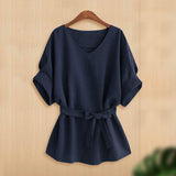 Plus Size Waist Drawstring Loose Batwing Sleeve Top V neck Short Sleeve Shirt