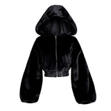 Autumn Winter Street Short High Waist Texture Furry Hooded Coat Women Top Plus Size