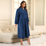Plus Size Women Clothing Denim Stand Collar Button Long Sleeve Dress