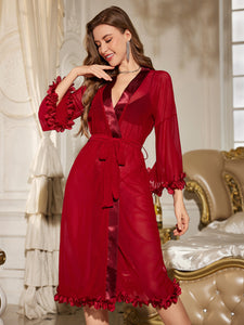 Supply Sexy French Bell Sleeve Thin Transparent Bathrobe Sexy Lingerie Two Piece Sets