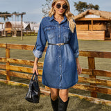 Washed Denim Loose Casual Long Sleeves With Adjustable Buckle Dress No Belt