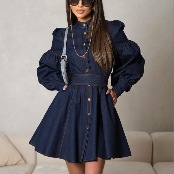Denim Shirt Dress Niche Design Lantern Sleeve Lace up Graceful Fashionable Dress